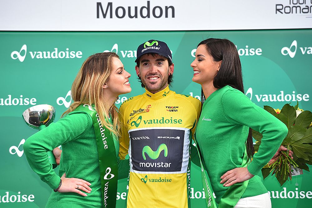 Ion Izagirre (Movistar) wears the yellow leader's jersey at Tour de Romandie