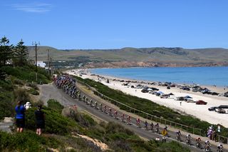 WILLUNGA AUSTRALIA JANUARY 20 A general view of the peloton passing through Aldinga Beach landscape during the 24th Santos Tour Down Under 2024 Stage 5 a 1293km stage from Christies Beach to Willunga Hill 372m on January 20 2024 in Willunga Hill Australia Photo by Tim de WaeleGetty Images