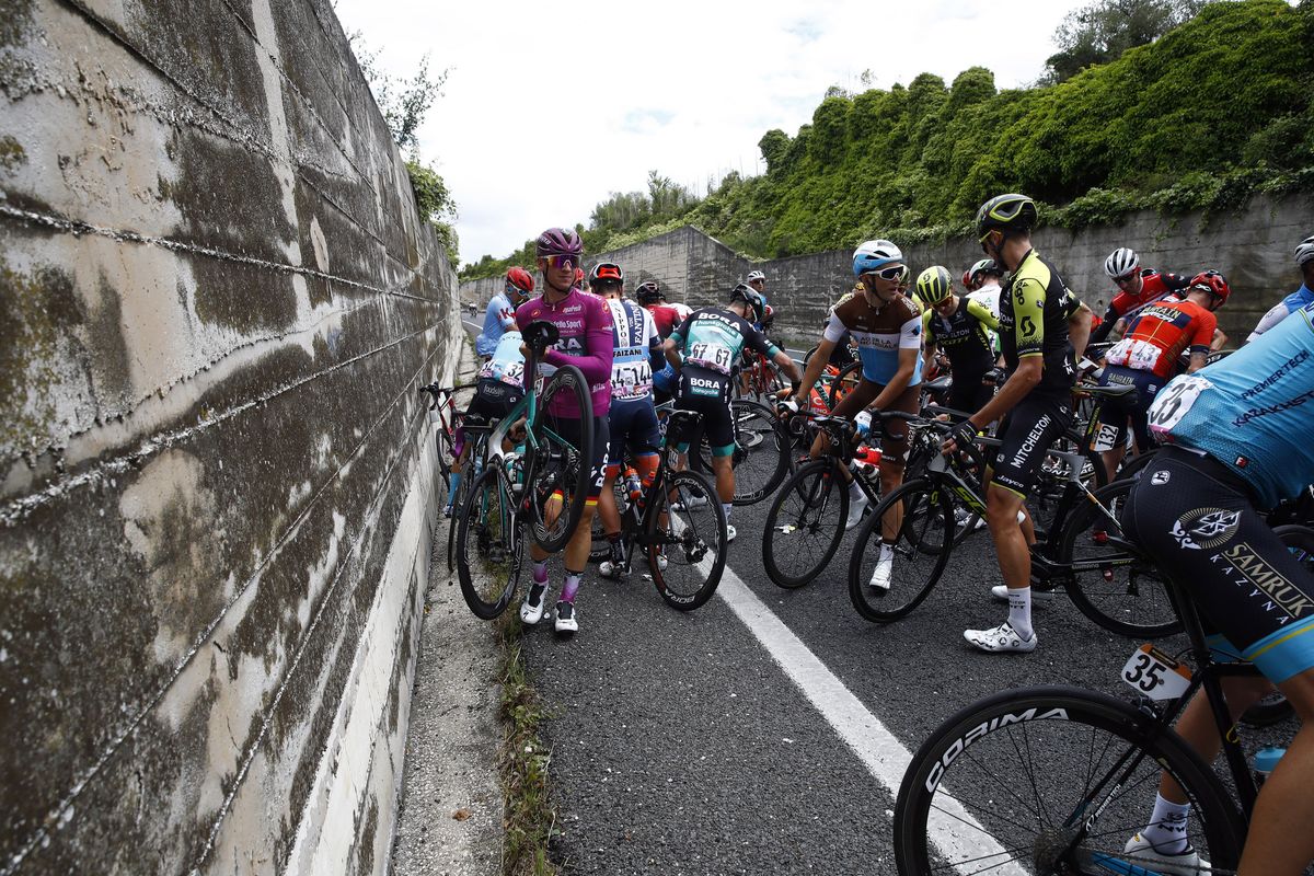 Pascal Ackermann (Bora-Hansgrohe) among the crash aftermath