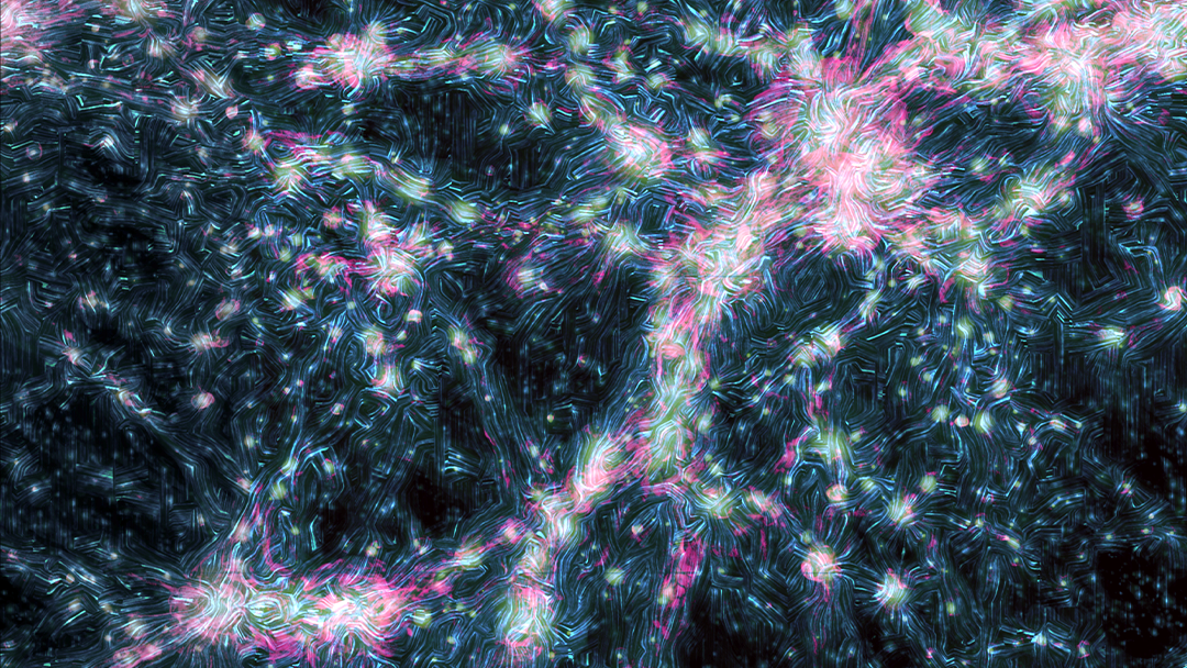 A simulation of the cosmic web showing shock waves producing radio waves (pink) as they crash through magnetic fields (blue).