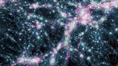 A simulation of the cosmic web showing shock waves producing radio waves (pink) as they crash through magnetic fields (blue).