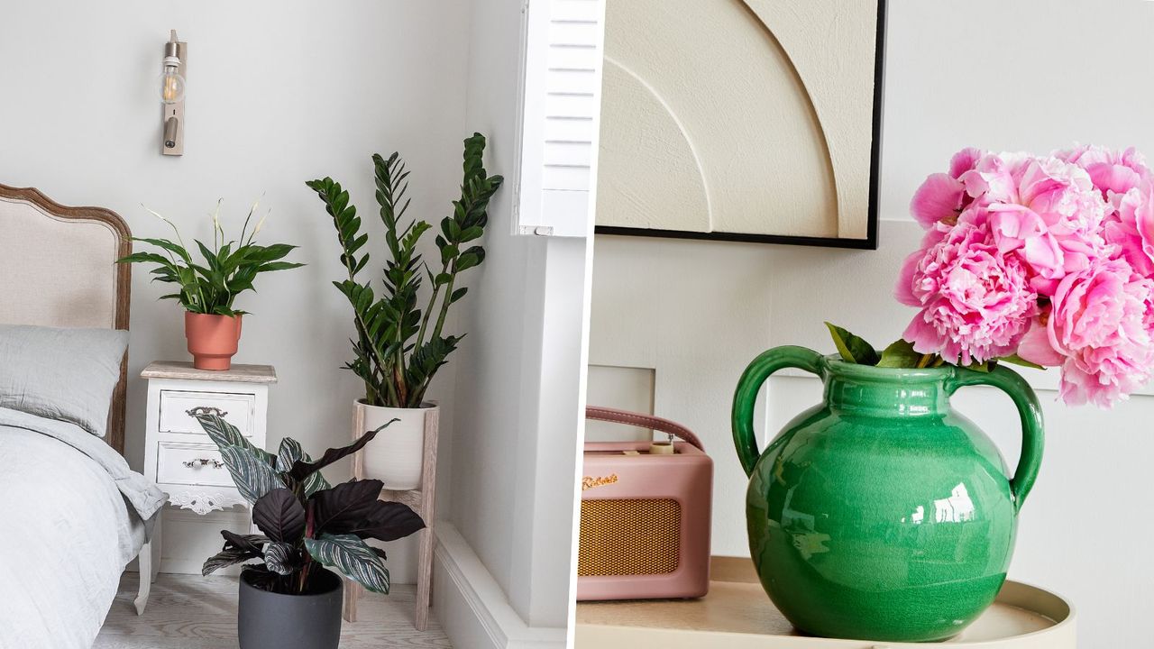 Two pictures: one of a gray bedroom with plants and one of a green vase with pink flowers