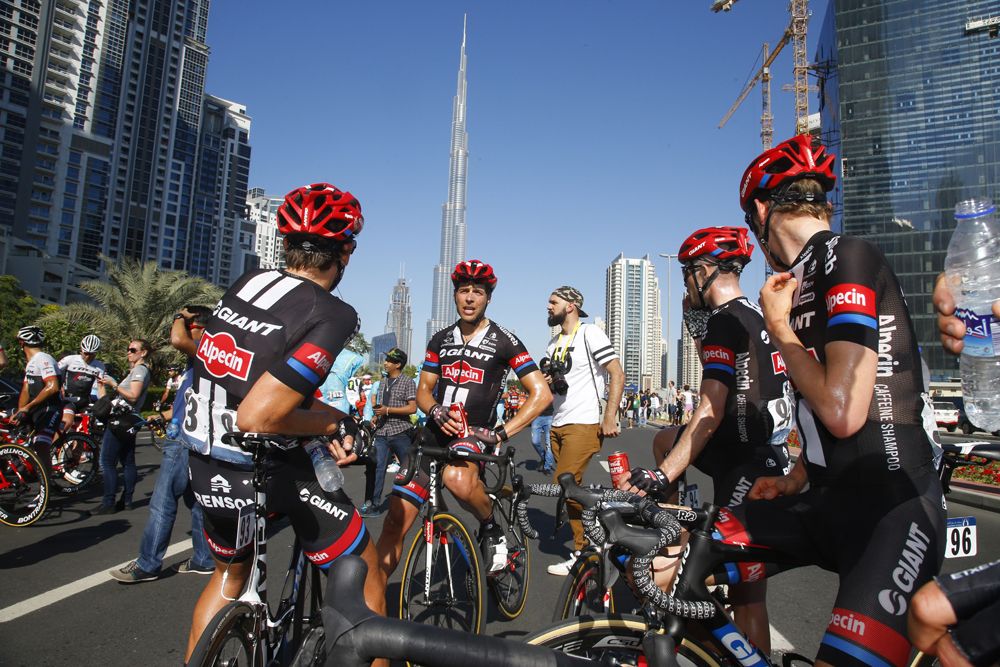 The Giant-Alpecin riders with the Burj Khalifa in the background