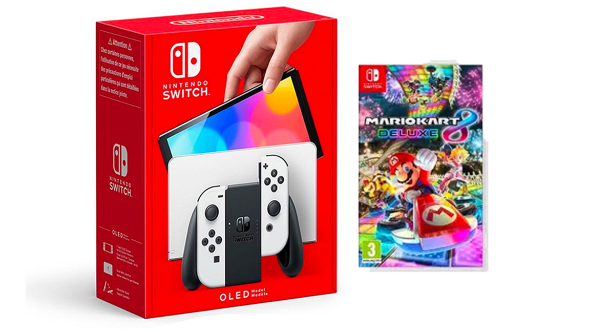 A Switch OLED box and Mario Kart 8 pack