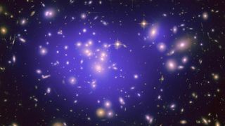 A view of galaxy cluster abell 1689 with purple galaxies and bright stars