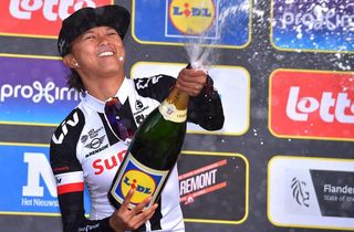 Coryn Rivera celebrates winning 2017 Tour of Flanders Women