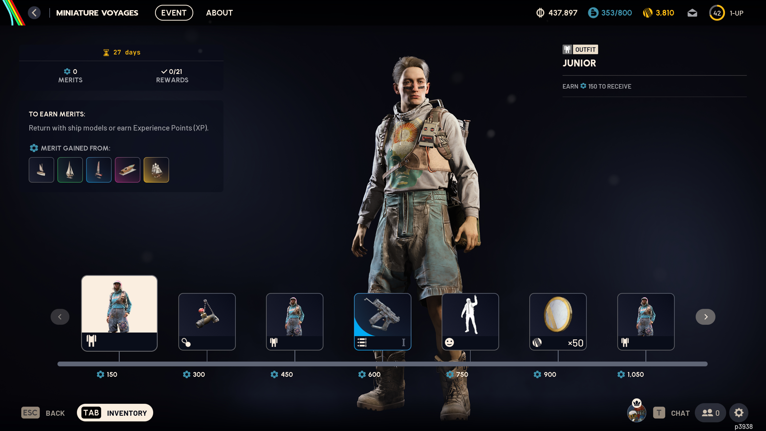 Arc Raiders Last Resort: A screenshot of the Miniature Voyages event rewards page, featuring a character wearing the Junior outfit.