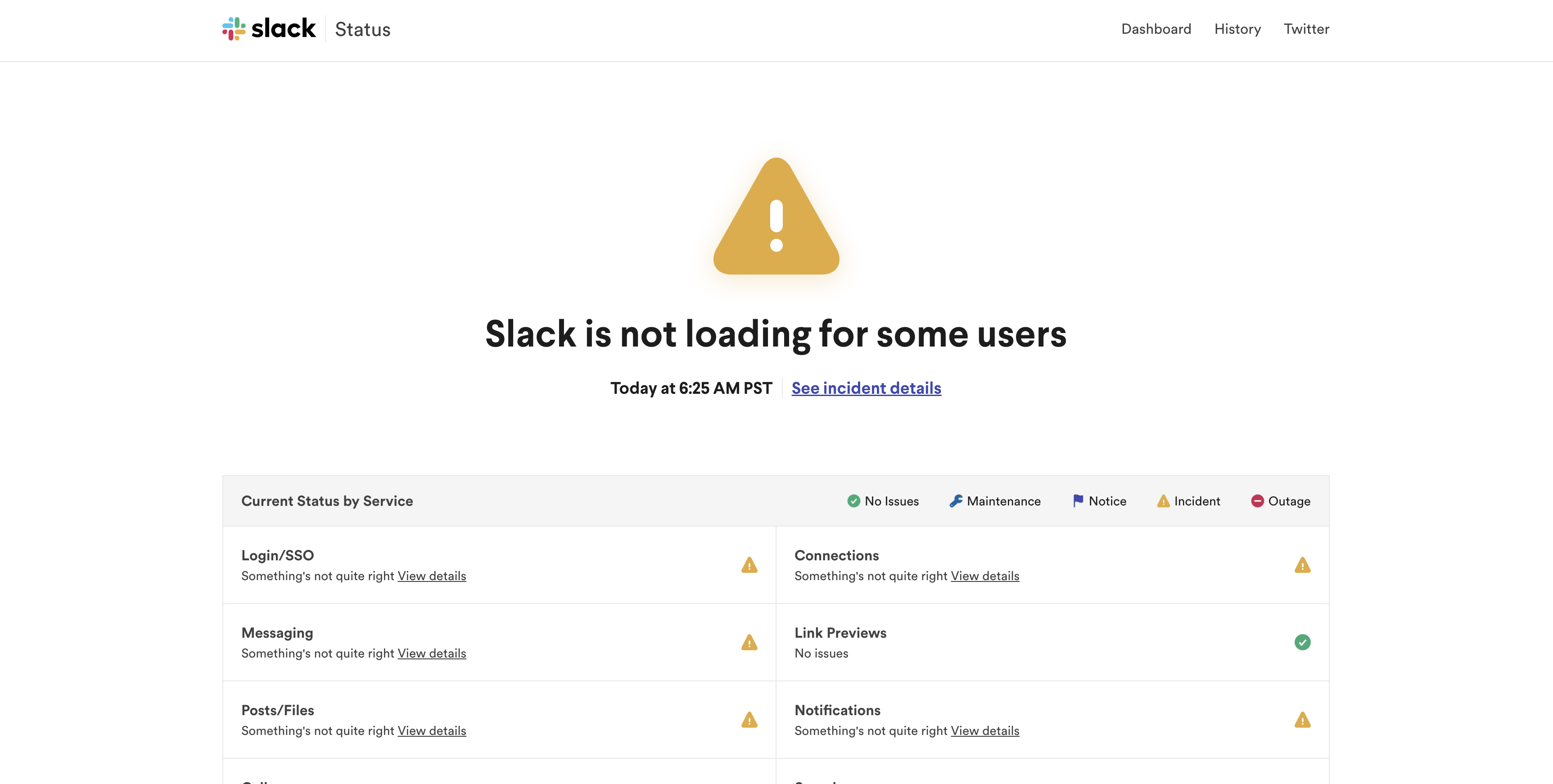 Slack System Status page