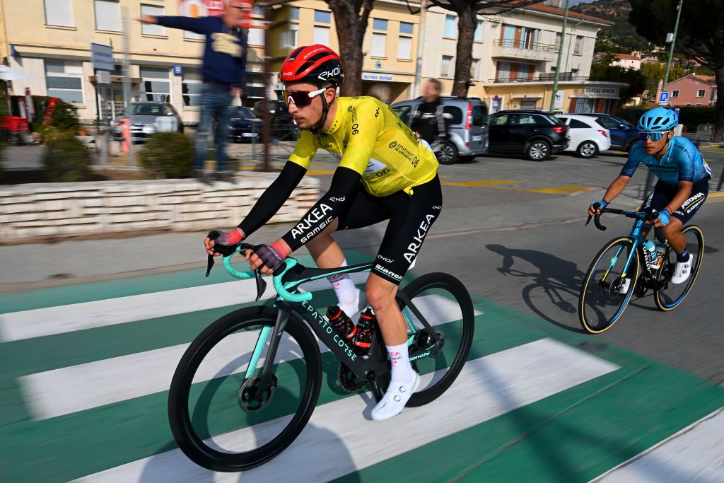 ANTIBES FRANCE FEBRUARY 18 Kvin Vauquelin of France and Team Arka Samsic Yellow Leader Jersey competes during the 55th Tour Des Alpes Maritimes Et Du Var 2023 Stage 2 a 1794km stage from MandelieulaNapoule to Antibes tour0683 on February 18 2023 in Antibes France Photo by Luc ClaessenGetty Images