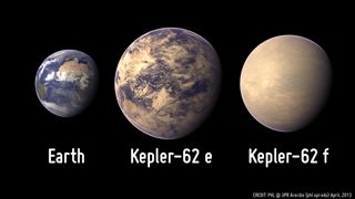 Artist's impressions about Kepler-62 solar system worlds. Kepler-62e and Kepler-62f are likely to have differing climates, according to a new study.