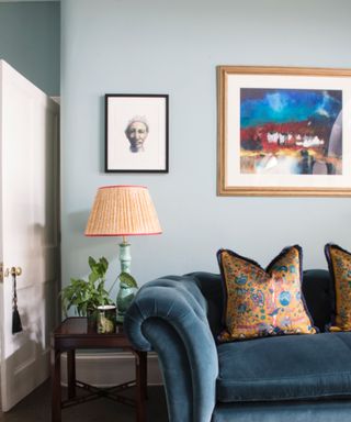 traditional living room with pale blue walls
