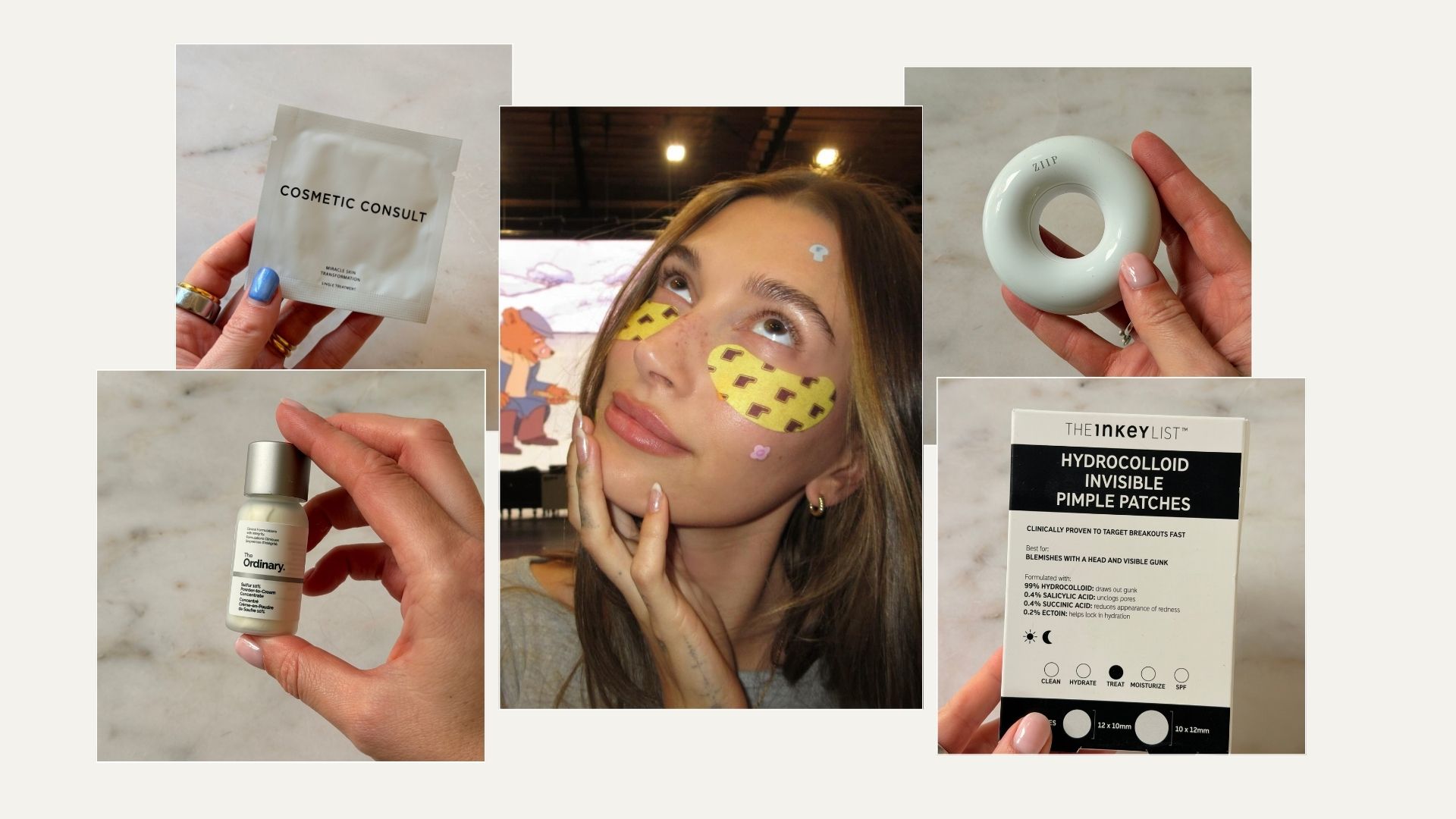 A collage of Hailey Biebr and a selection of the best spot treatments for acne