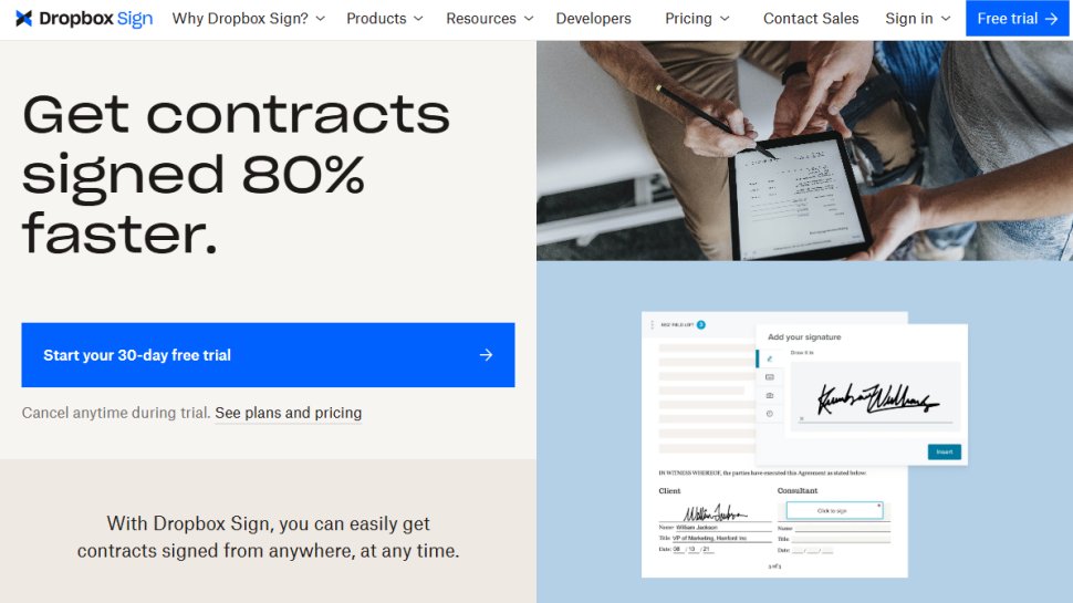 Website screenshot of Dropbox Sign (October, 2025)