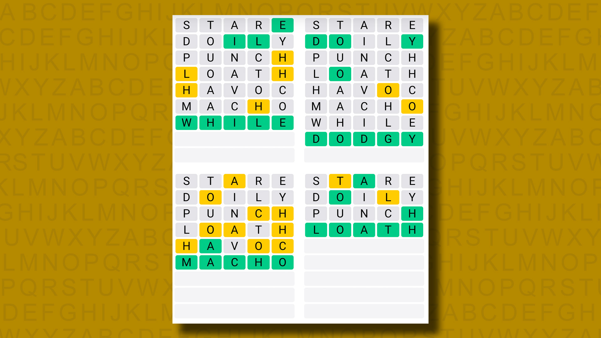 Respuestas diarias de Quordle para el juego 822 sobre un fondo amarillo