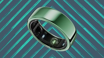 Green smart ring against surface with chevrons