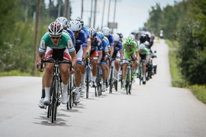 Ruben Zepuntke (Bissell) takes a pull on the front of one of today's breaks
