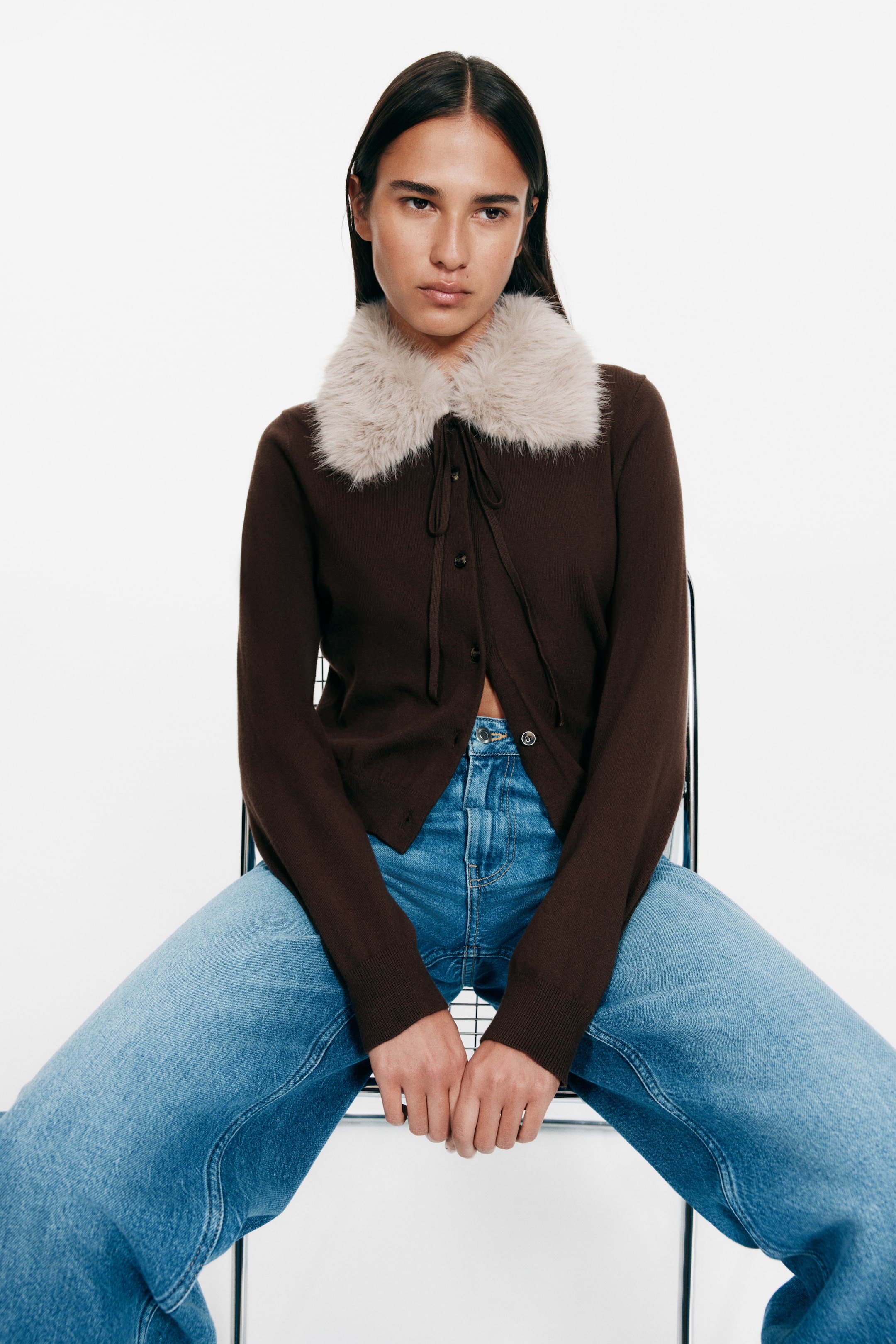 Cardigan With Collar - Light Beige Melange