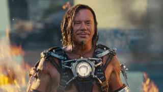 Mickey Rourke's Ivan Vanko surrounded by fire in Iron Man 2