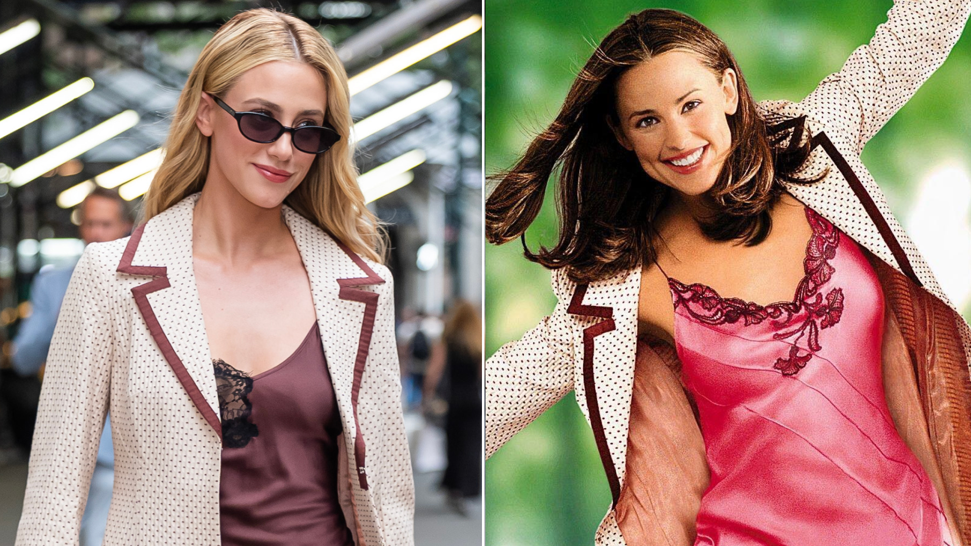 Lili Reinhart wore a vintage Nanette Lepore coat from 13 Going on 30 on the 'Love Hypothesis' press tour