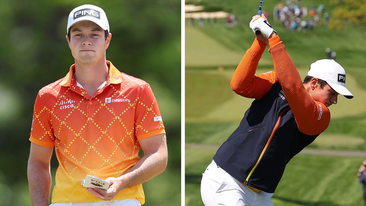 Viktor Hovland wearing bold J Lindeberg orange apparel