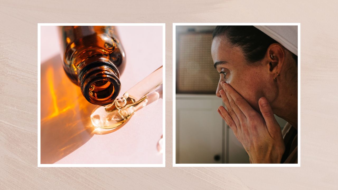 A close up of a brown glass serum bottle on it&#039;s side, with a clear serum spilling out and a glass pipette, alongside a picture of a woman pressing skincare to her cheeks/ in a cream textured template