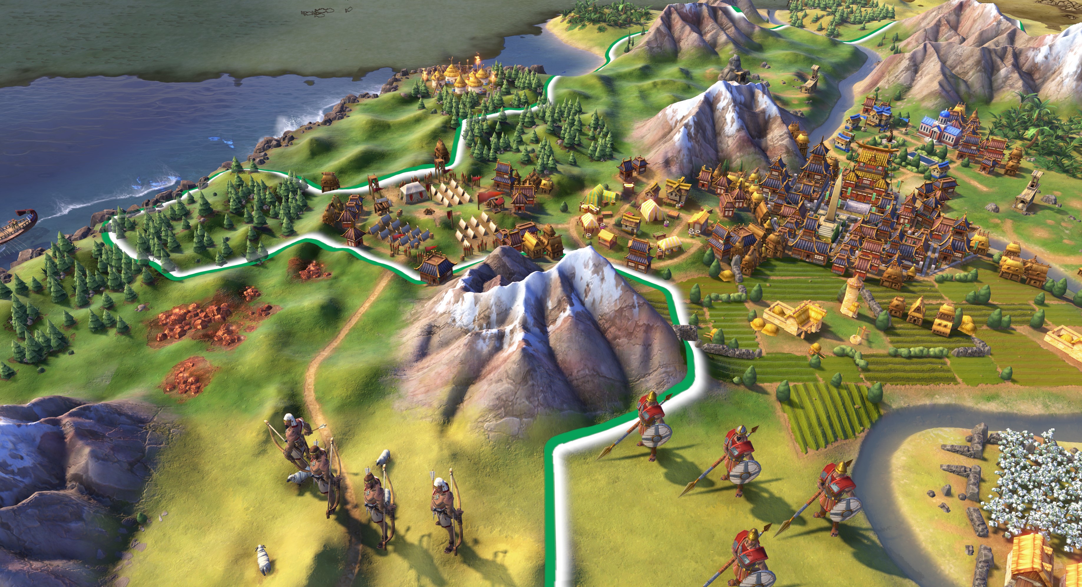 A battle underway next to a growing city in Sid Meierâ€™s Civilization VI