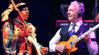 LEFT: Jimi Hendrix (1942-1970) performs live on stage playing a white Fender Stratocaster guitar with The Jimi Hendrix Experience at the Royal Albert Hall in London on 18th February 1969. RIGHT: Robert Fripp performing at Wickham Festival 2023.