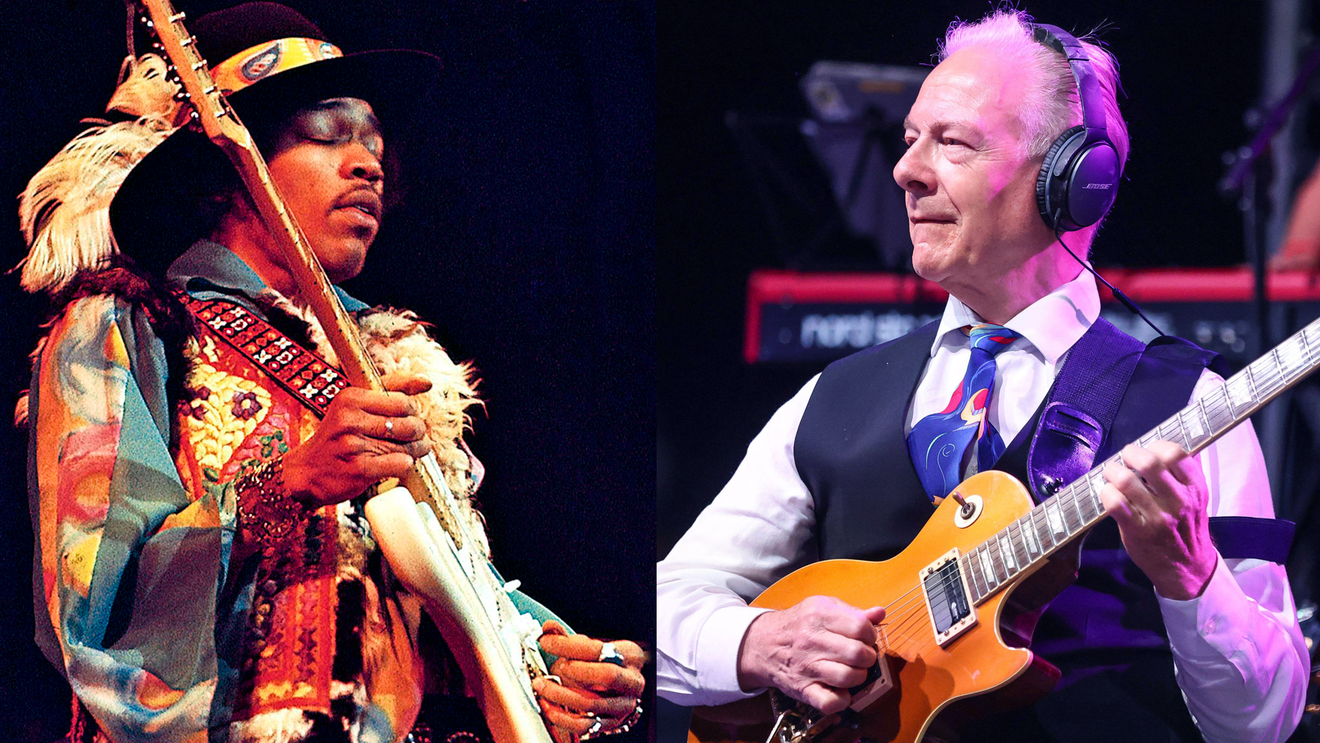 LEFT: Jimi Hendrix (1942-1970) performs live on stage playing a white Fender Stratocaster guitar with The Jimi Hendrix Experience at the Royal Albert Hall in London on 18th February 1969. RIGHT: Robert Fripp performing at Wickham Festival 2023.