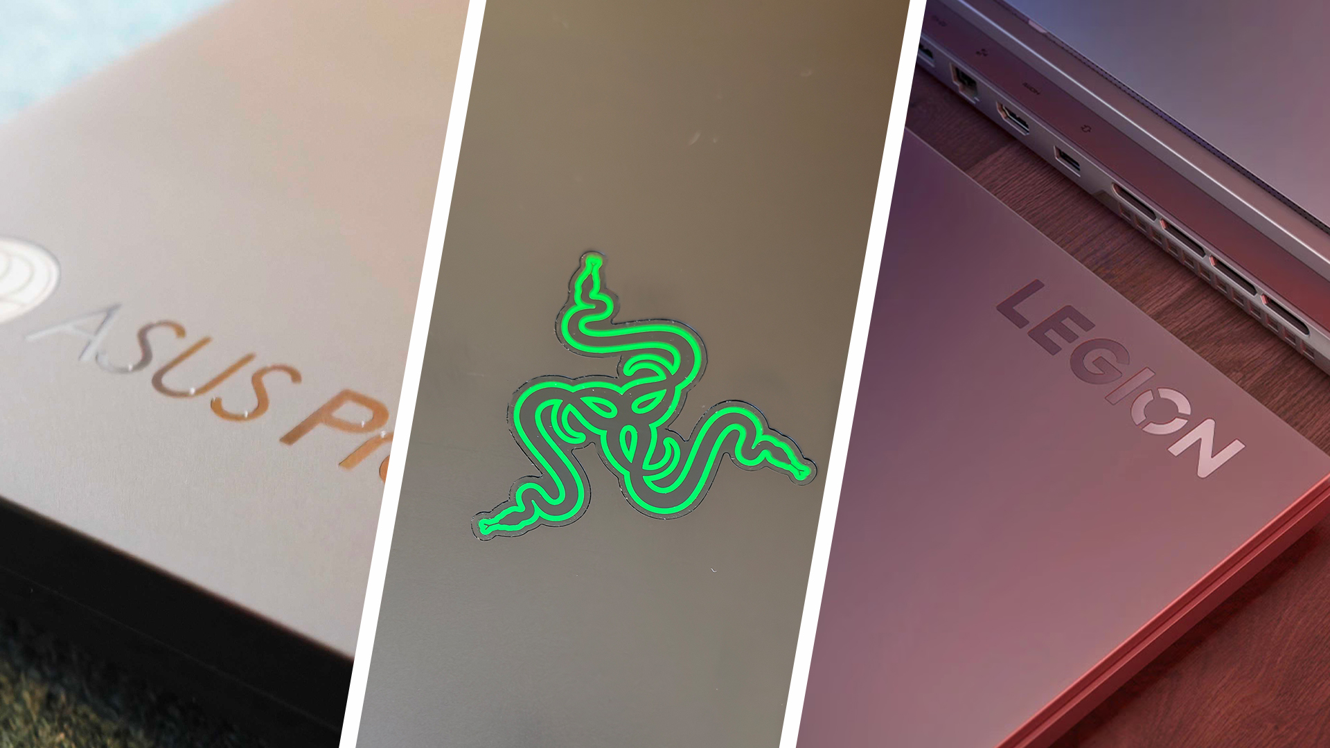 A collage of three laptop close-ups side by side, from left to right ASUS Proart, a Razer lid logo and a Lenovo Legion