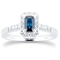 9ct White Gold Sapphire Emerald Cut Halo Ring, £600 | Goldsmiths