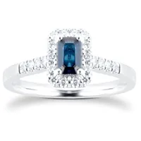 9ct White Gold Sapphire Emerald Cut Halo Ring, £600 | Goldsmiths