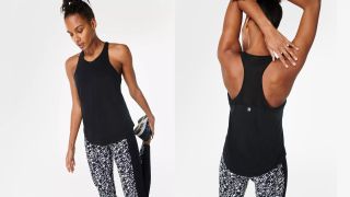 Sweaty Betty Breathe Easy Running Vest, front and rear views of model wearing black vest