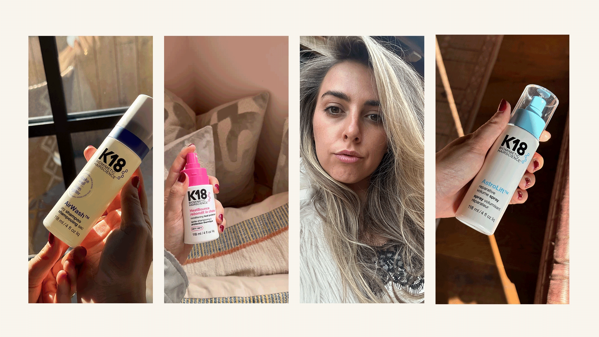 Photos collaged together of Shannon Lawlor holding K18 hair products, plus a selfie after her K18 blow-dry