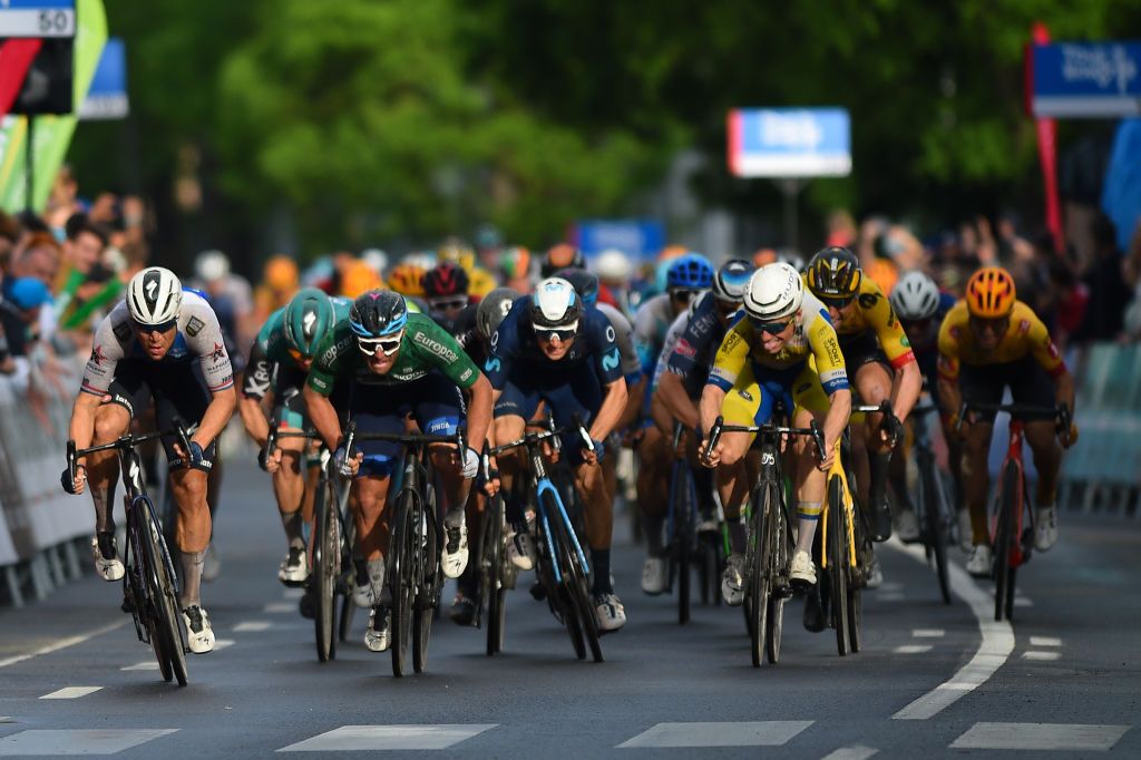 NYIREGYHAZA HUNGARY MAY 13 LR Fabio Jakobsen of Netherlands and Team QuickStep Alpha Vinyl Matthew Walls of United Kingdom and Team Bora Hansgrohe and Rudy Barbier of France and Team Israel Premier Tech green points jersey sprints to win during the 43rd Tour de Hongrie 2022 Stage 3 a 154km stage from Sarospatak to Nyiregyhaza tourdehongrie on May 13 2022 in Nyiregyhaza Hungary Photo by Dario BelingheriGetty Images