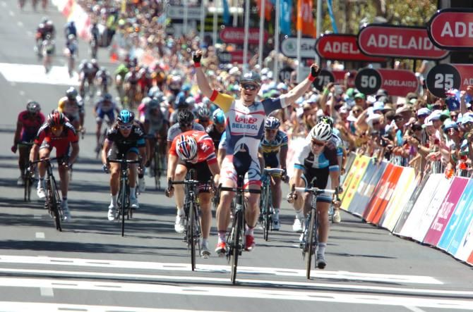 Andre Greipel (Lotto Belisol) gets his 100th career victory along the streets of Adelaide at the Tour Down Under