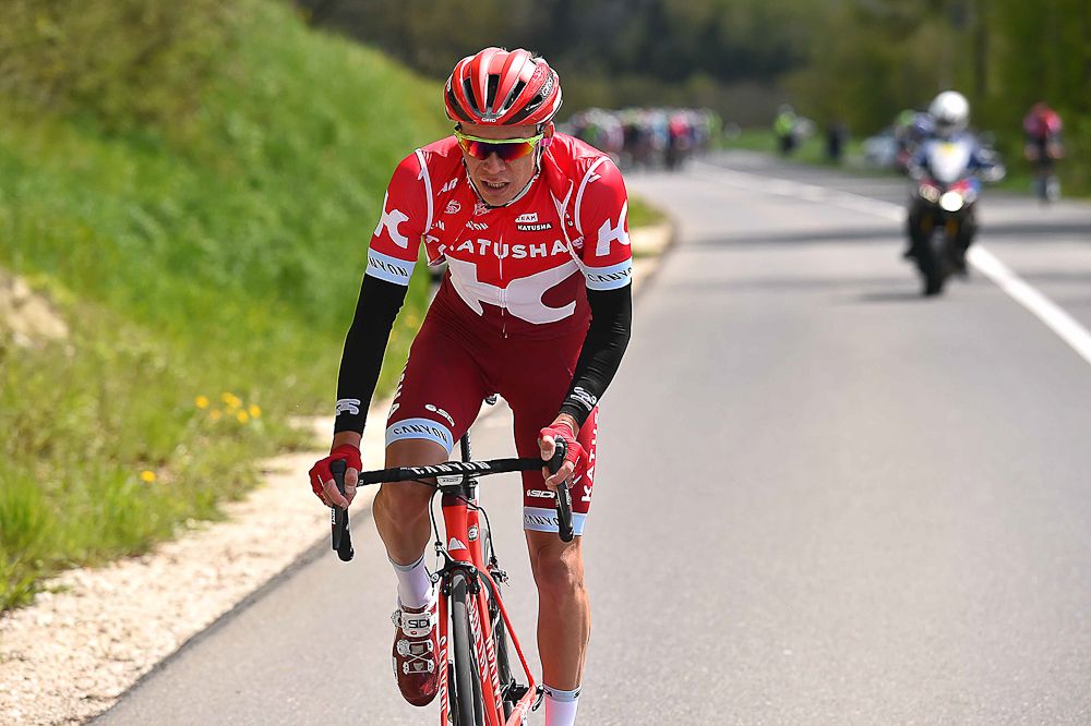 A Katusha rider on the move early in stage 4 of Tour de Romandie.