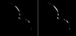 NASA’s New Horizons took this image of Ultima Thule on Jan. 1, 2019, from a distance of 5,494 miles (8,862 kilometers). At left: An "average" of 10 photos taken by the Long Range Reconnaissance Imager (LORRI); the crescent is blurred because a relatively long exposure time was used during this rapid scan to boost the camera’s signal level. At right: A sharper processed version of image, which removes the motion blur.