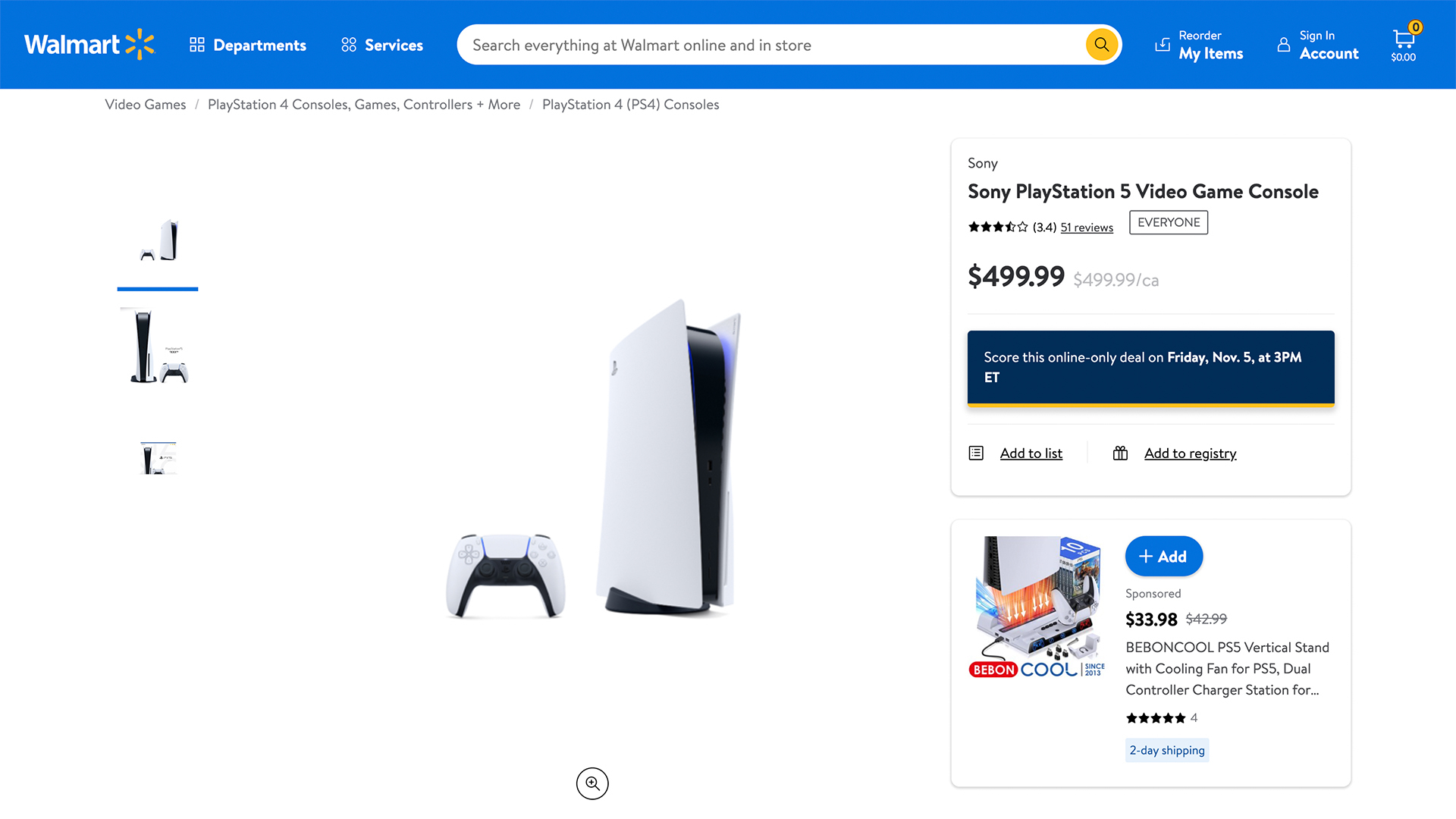 Página de listado de Walmart PS5 que confirma el reinicio de PS5