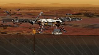 Concept art of InSight lander drilling beneath Mars’ surface.