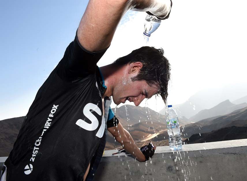 Wout Poels cools down after the queen stage of the Tour of Oman