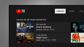 A TV screen on a grey background showing the YouTube TV interface