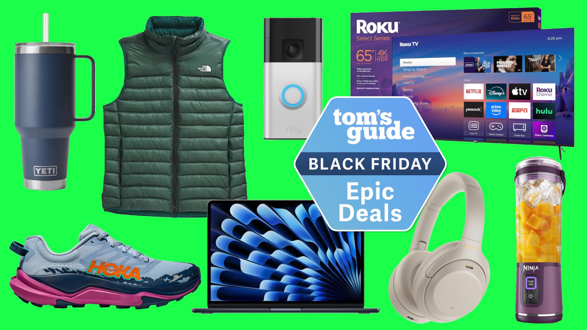 Black Friday deals with Yeti mug, North Face vest, Ring doorbell, Roku TV, Hoka running shoe, Sony headphones and Ninja blender