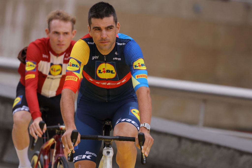 Lidl Treks French rider Tony Gallopin cycles to the stage during the official teams presentation near the Guggenheim Museum Bilbao in Bilbao northern Spain on June 29 2023 two days prior to the start of the 110th edition of the Tour de France cycling race Photo by Thomas SAMSON AFP Photo by THOMAS SAMSONAFP via Getty Images