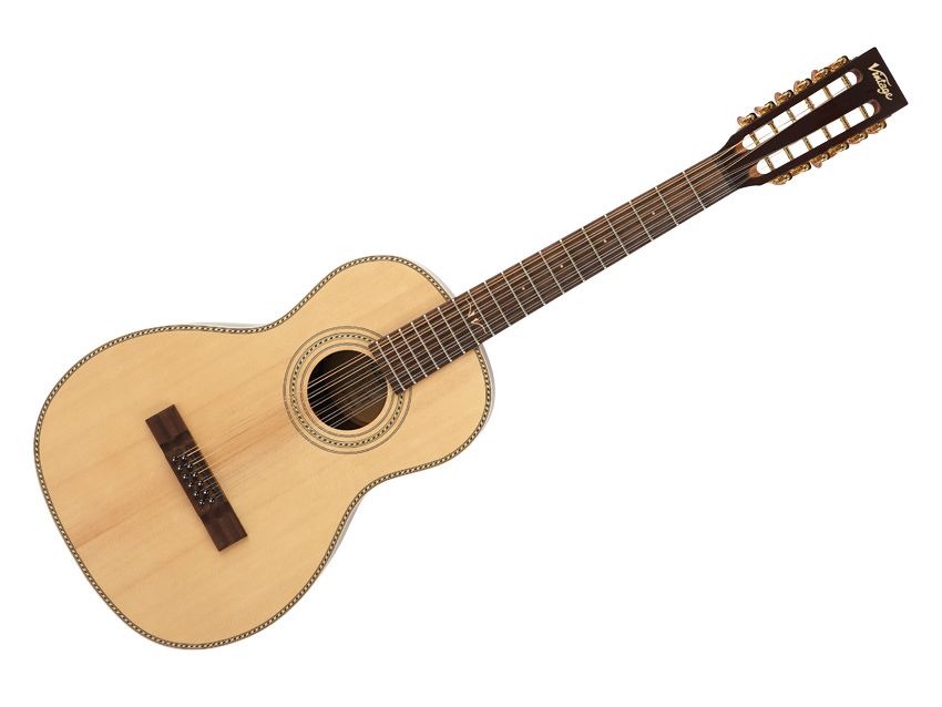 The Vintage Paul Brett VE8000PB-12 has its headstock set at 14&deg;, increasing string tension over the nut.