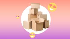 A pile of moving boxes on a pink and purple background, with heart eye emojis around it