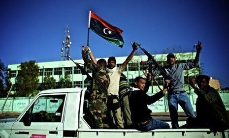 Libyan rebels celebrate Sunday as word spread that embattled leader Moammar Gadhafi had accepted the African Union&amp;#039;s peace plan to end the country&amp;#039;s civil war.