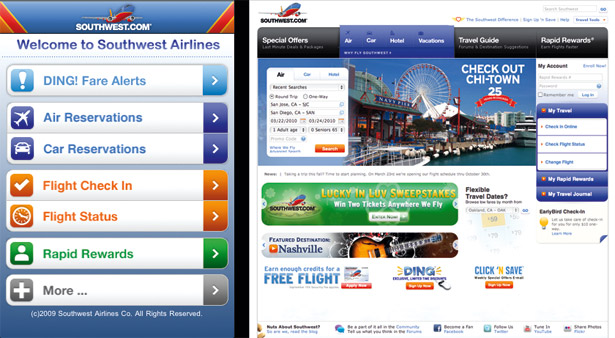 Southwest Airlines's desktop site: lots of pixels available means lots of pixels used. The mobile experience: very few pixels available means they're used for what matters