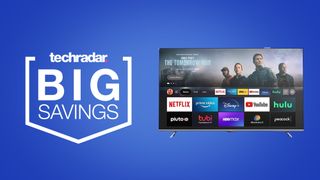 Amazon Fire TV Omni Series on a blue background next to techradar big savings badge