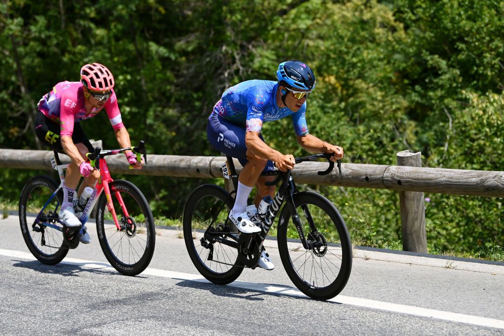 PEYRAGUDES FRANCE JULY 20 LR Owain Doull of United Kingdom and Team EF Education Easypost and Guillaume Boivin of Canada and Team Israel Premier Tech compete in the breakaway during the 109th Tour de France 2022 Stage 17 a 1297km stage from SaintGaudens to Peyragudes 1580m TDF2022 WorldTour on July 20 2022 in Peyragudes France Photo by Tim de WaeleGetty Images