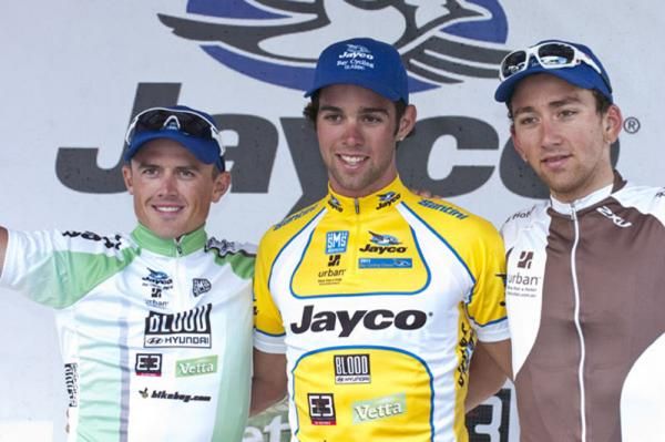 Stage two podium (l-r): Simon Gerrans (2nd,Team Sky), Michael Matthews (1st,Urban), and Joseph Lewis (3rd,Urban).
